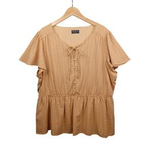 Lane Bryant Women Boho Tie Neck Top Plus Sz 20 Mustard Clip Dot Peplum Coquette